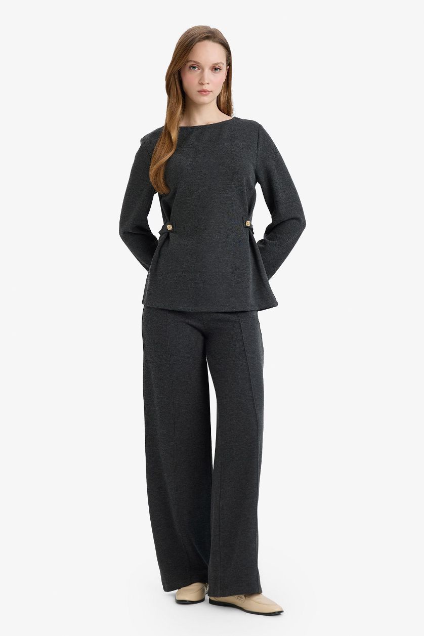 Kadın Antrasit Regular Fıt Kayık Yaka Pike Uzun Kollu Tişört