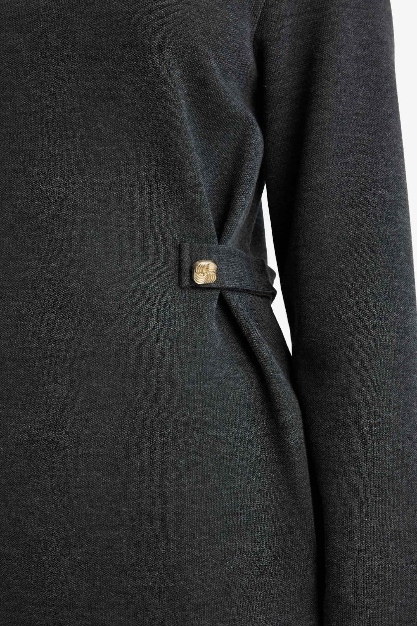 Kadın Antrasit Regular Fıt Kayık Yaka Pike Uzun Kollu Tişört