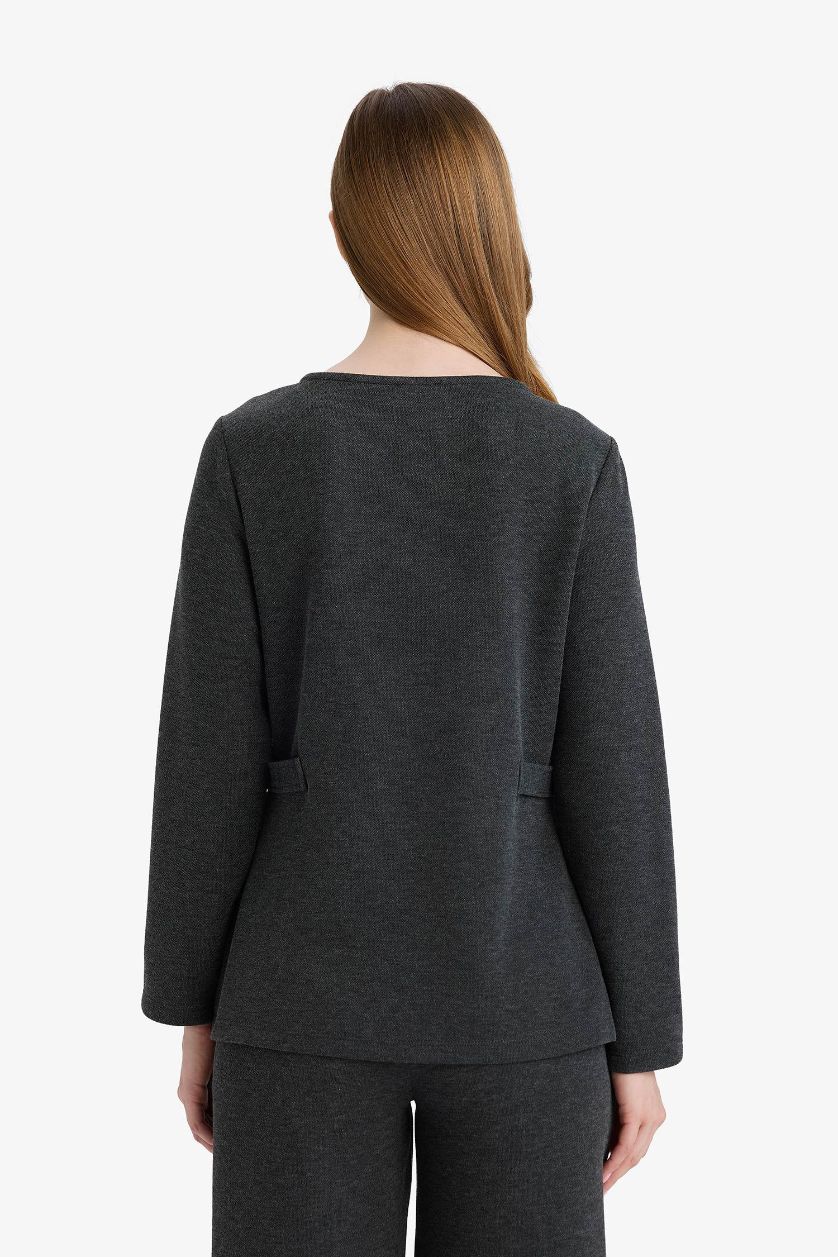 Kadın Antrasit Regular Fıt Kayık Yaka Pike Uzun Kollu Tişört