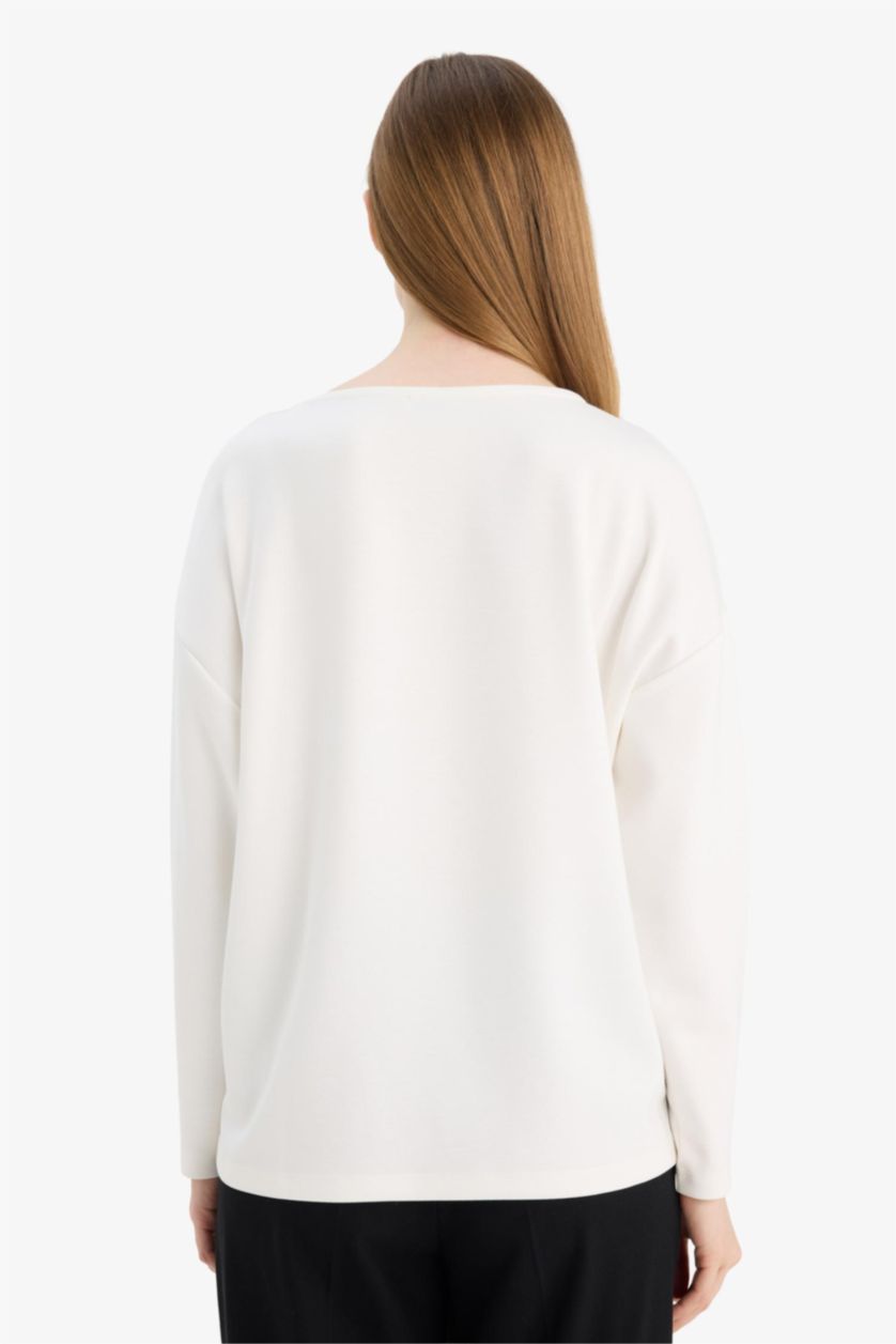Woman Ecru تيشيرت ردن طويل وياخة مستديرة