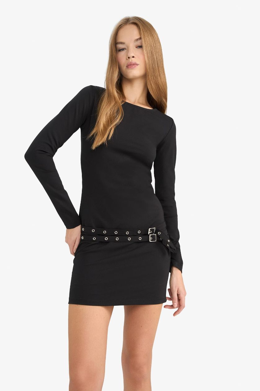 Kadın Siyah Afra x DeFacto Bodycon Vücudu Saran Bisiklet Yaka Uzun Kollu Mini Elbise