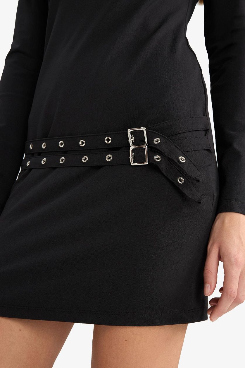 Kadın Siyah Afra x DeFacto Bodycon Vücudu Saran Bisiklet Yaka Uzun Kollu Mini Elbise