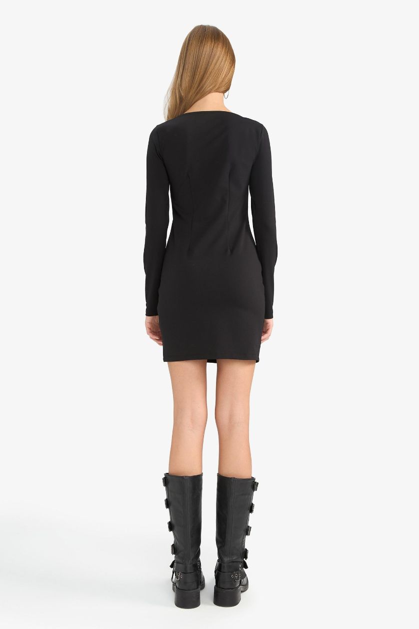 Kadın Siyah Afra x DeFacto Bodycon Vücudu Saran Bisiklet Yaka Uzun Kollu Mini Elbise