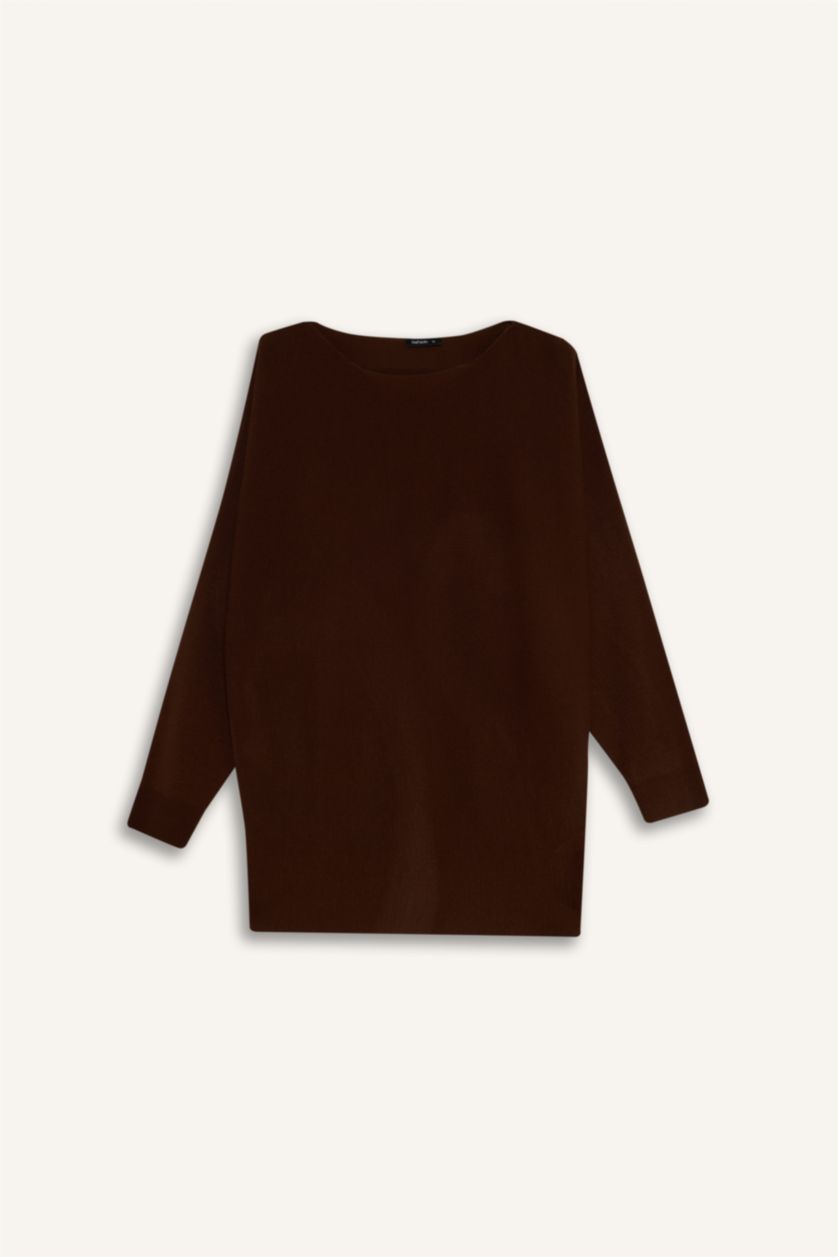 Woman Brown Boat Collar Knitwear Pullover