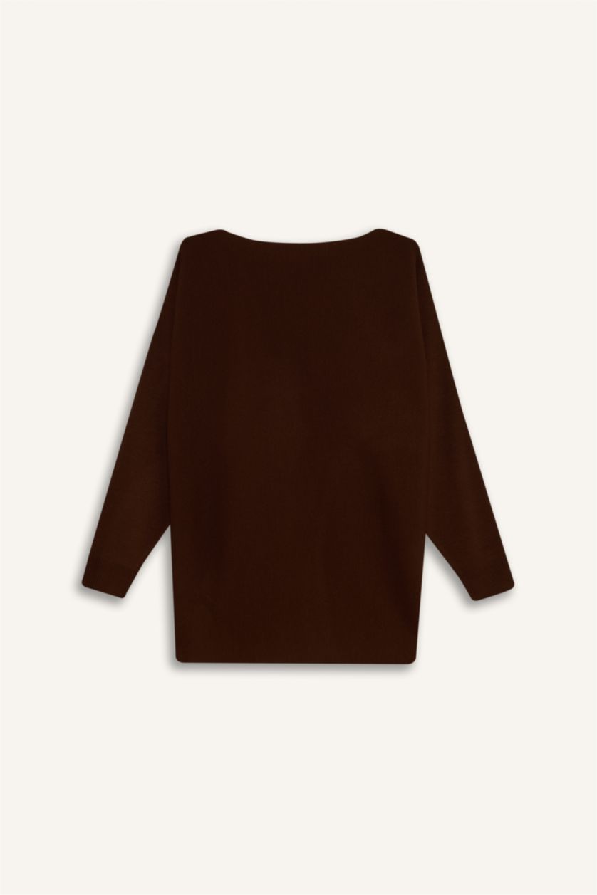 Woman Brown Boat Collar Knitwear Pullover