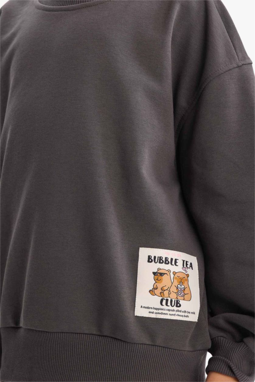 Kız Çocuk - Genç Kız Antrasit Kız Çocuk Oversize Geniş Kalıp Bisiklet Yaka Sırt Baskılı Sweatshirt 