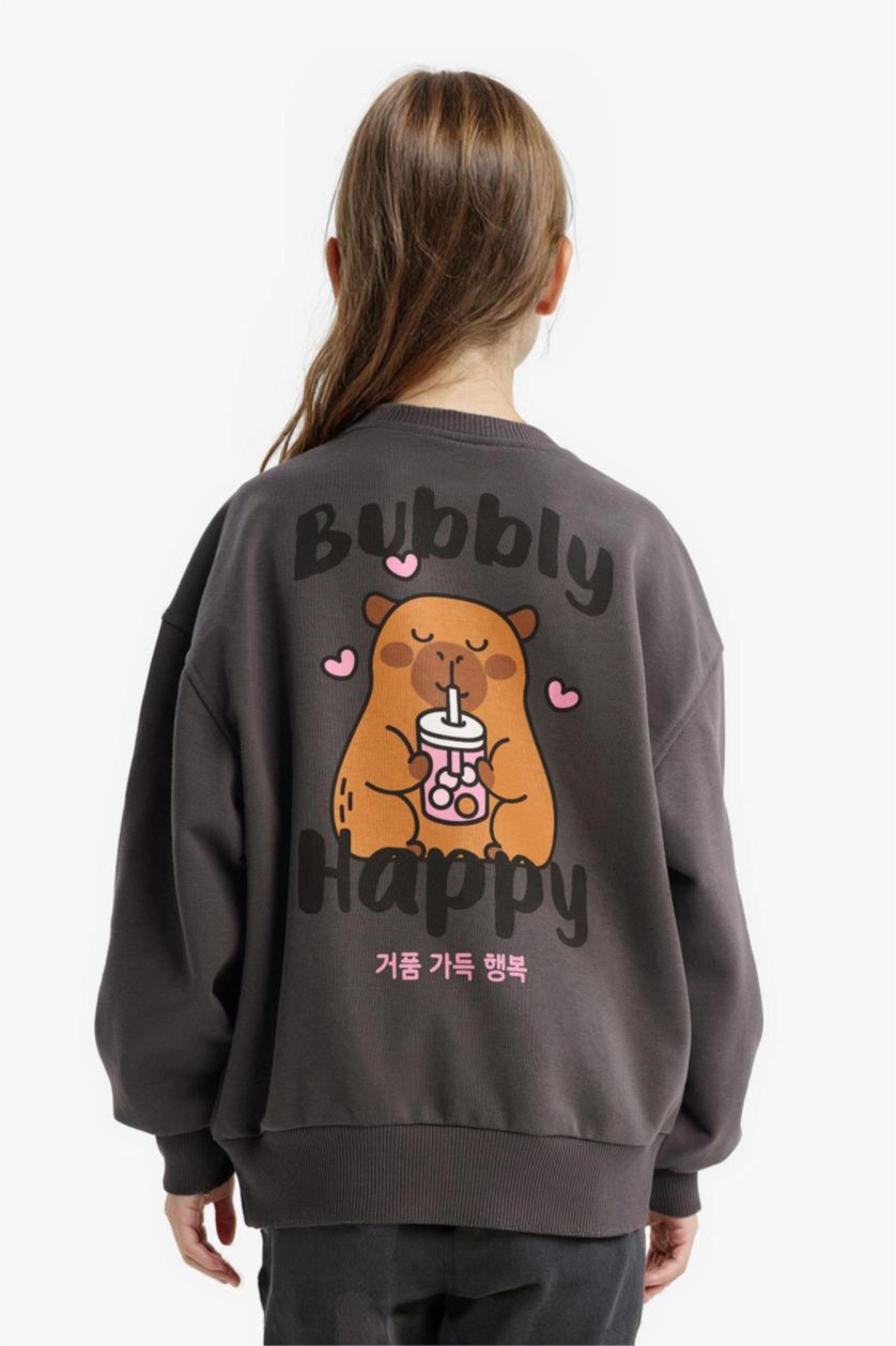 Kız Çocuk - Genç Kız Antrasit Kız Çocuk Oversize Geniş Kalıp Bisiklet Yaka Sırt Baskılı Sweatshirt 