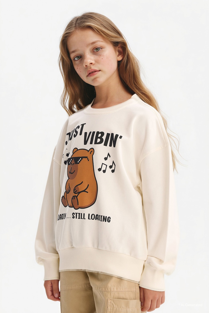 Kız Çocuk - Genç Kız Ekru Relax Fit Bisiklet Yaka Baskılı Sweatshirt Kız Çocuk