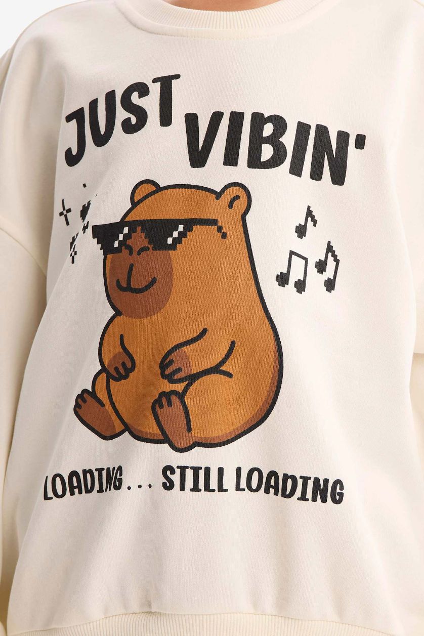 Kız Çocuk - Genç Kız Ekru Relax Fit Bisiklet Yaka Baskılı Sweatshirt Kız Çocuk