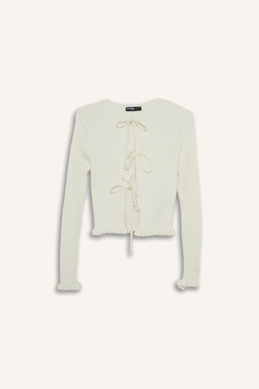 Kadın Kırık Beyaz Slim Fit Dar Kesim Bisiklet Yaka Önden Bağlamalı Hırka