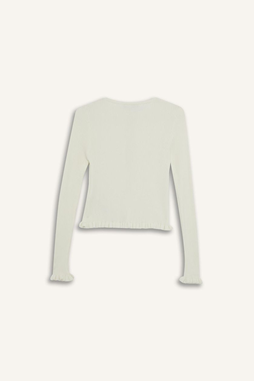 Kadın Kırık Beyaz Slim Fit Dar Kesim Bisiklet Yaka Önden Bağlamalı Hırka