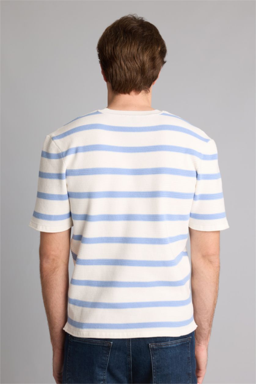 Erkek Ekru Relaxed Fit Kısa kollu Çizgili Tişört