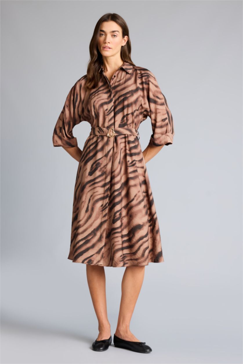 حريمي بني فستان نص كم بياقة قميص