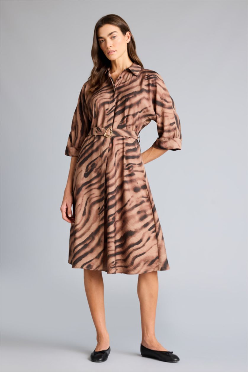 حريمي بني فستان نص كم بياقة قميص