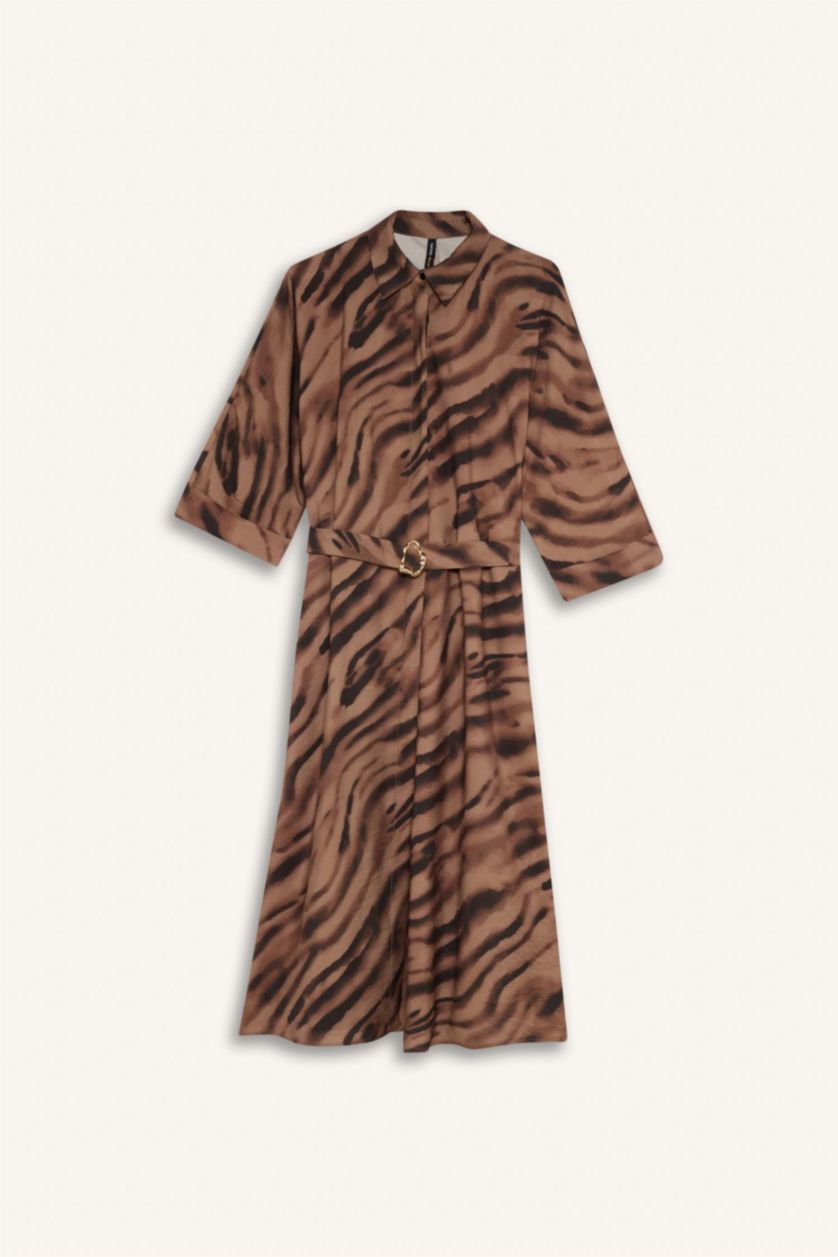 حريمي بني فستان نص كم بياقة قميص