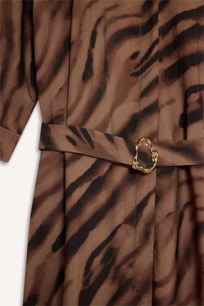 حريمي بني فستان نص كم بياقة قميص