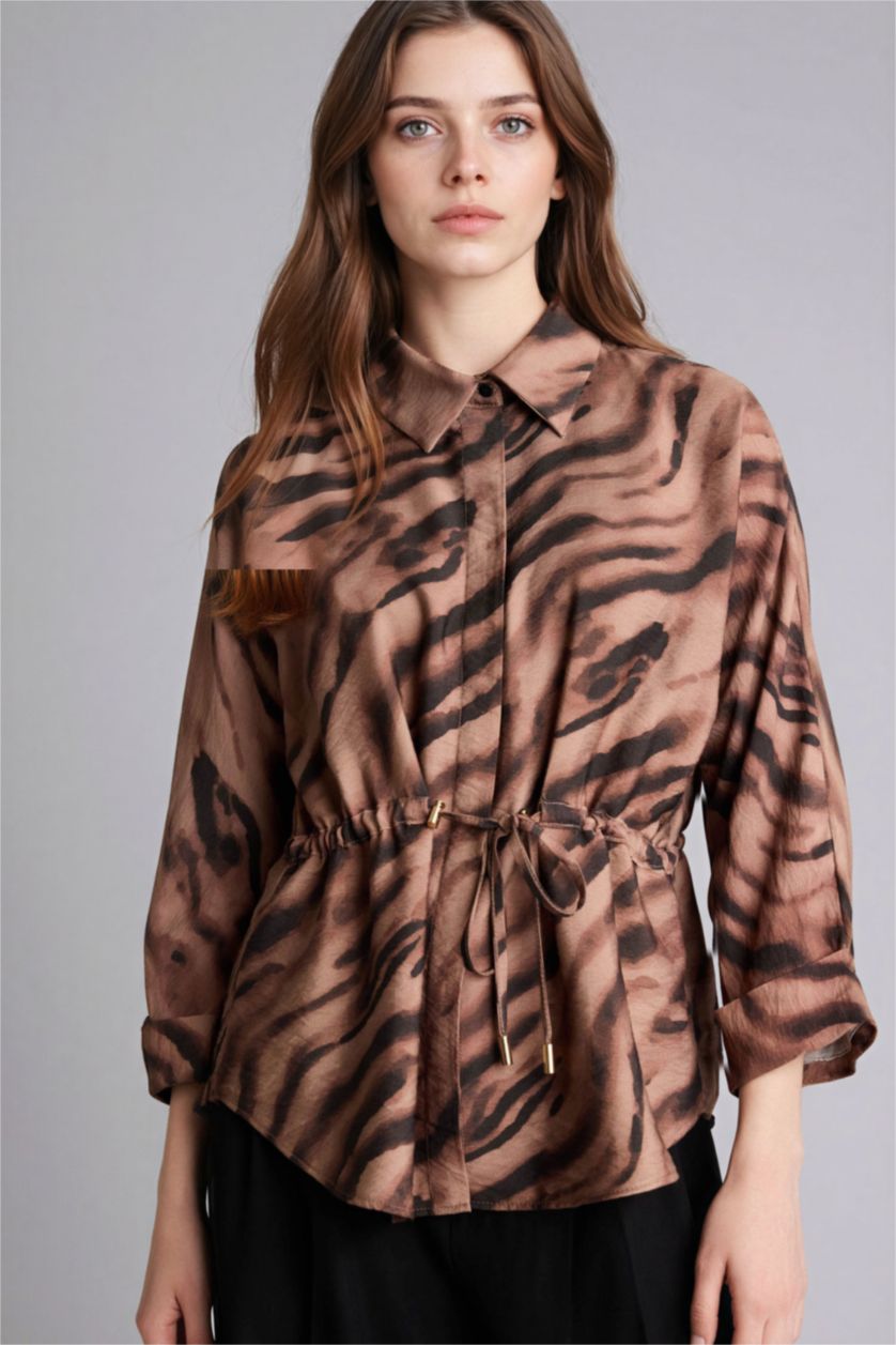 Woman Brown Relax Fit Shirt Collar Long Sleeve Shirt