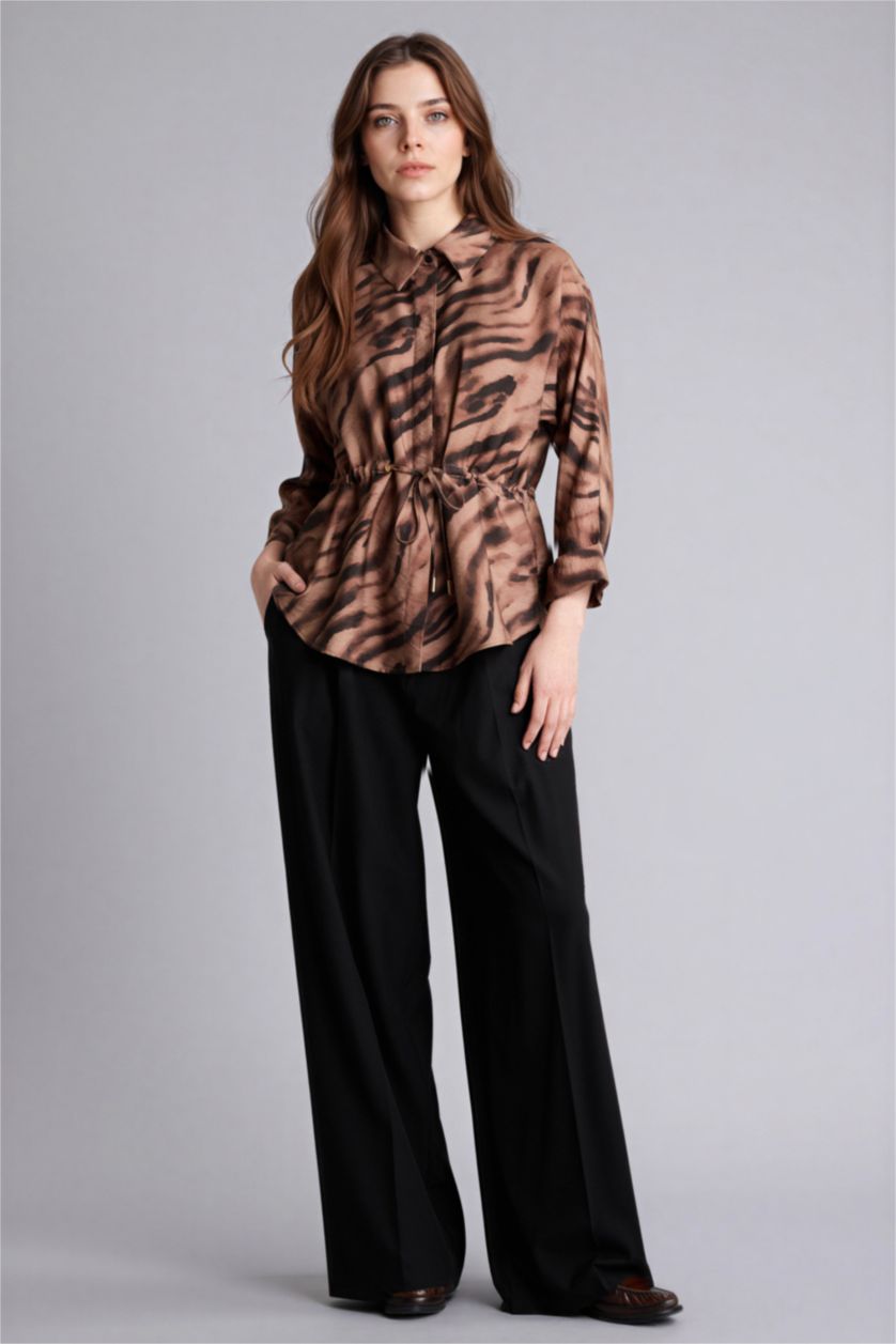 Woman Brown Relax Fit Shirt Collar Long Sleeve Shirt