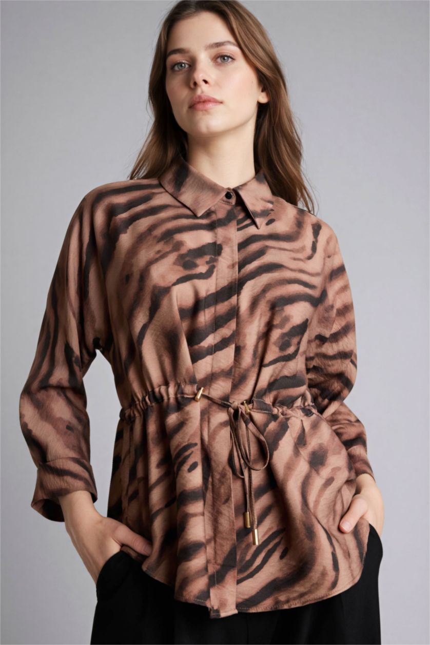 Woman Brown Relax Fit Shirt Collar Long Sleeve Shirt