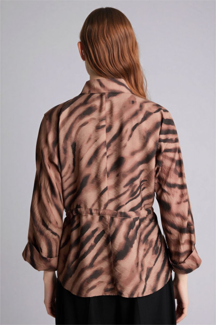 Woman Brown Relax Fit Shirt Collar Long Sleeve Shirt