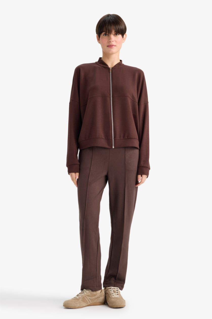 Kadın Kahve Kolej Yaka Basic Düz Fermuarlı Bomber Hırka