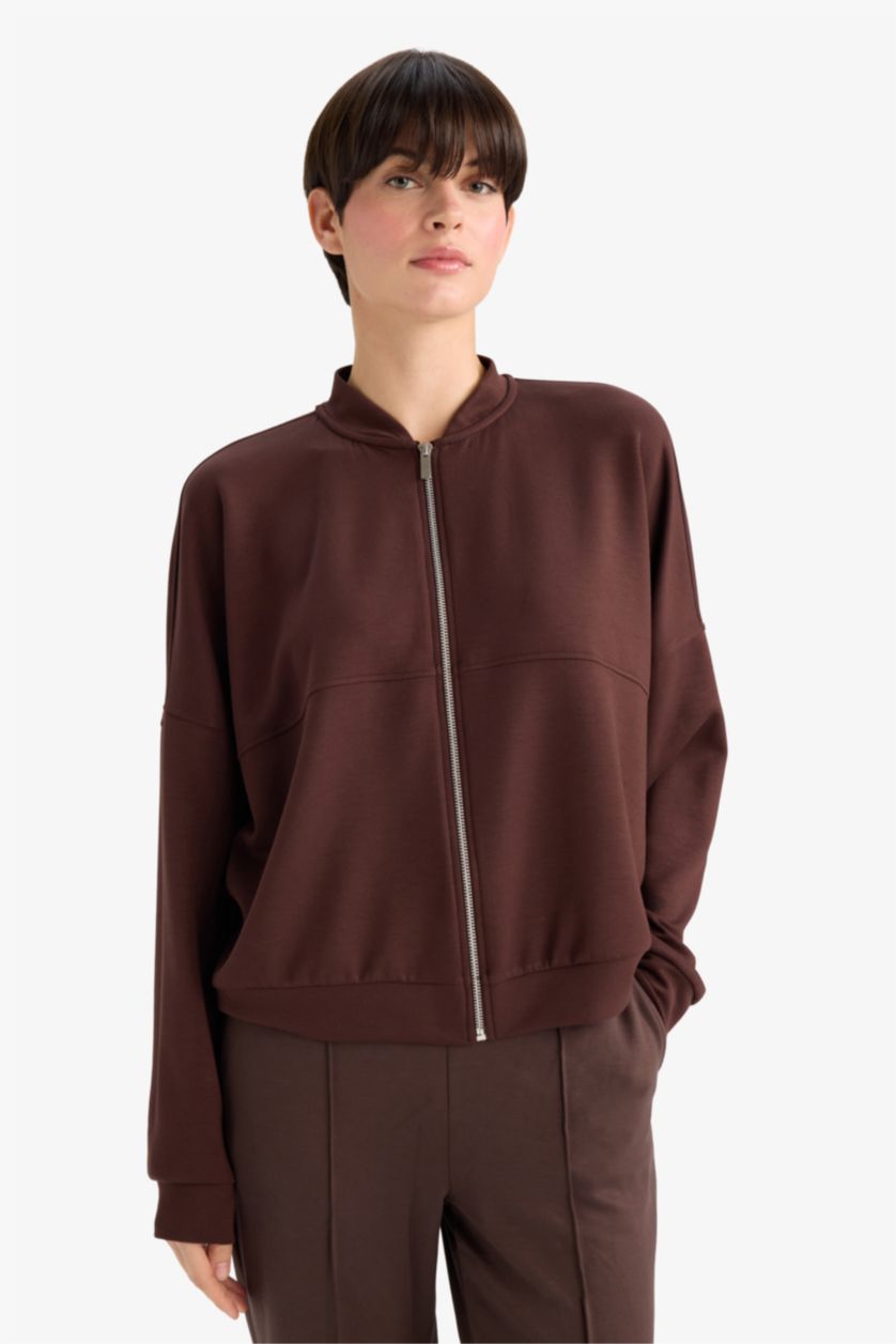 Kadın Kahve Kolej Yaka Basic Düz Fermuarlı Bomber Hırka