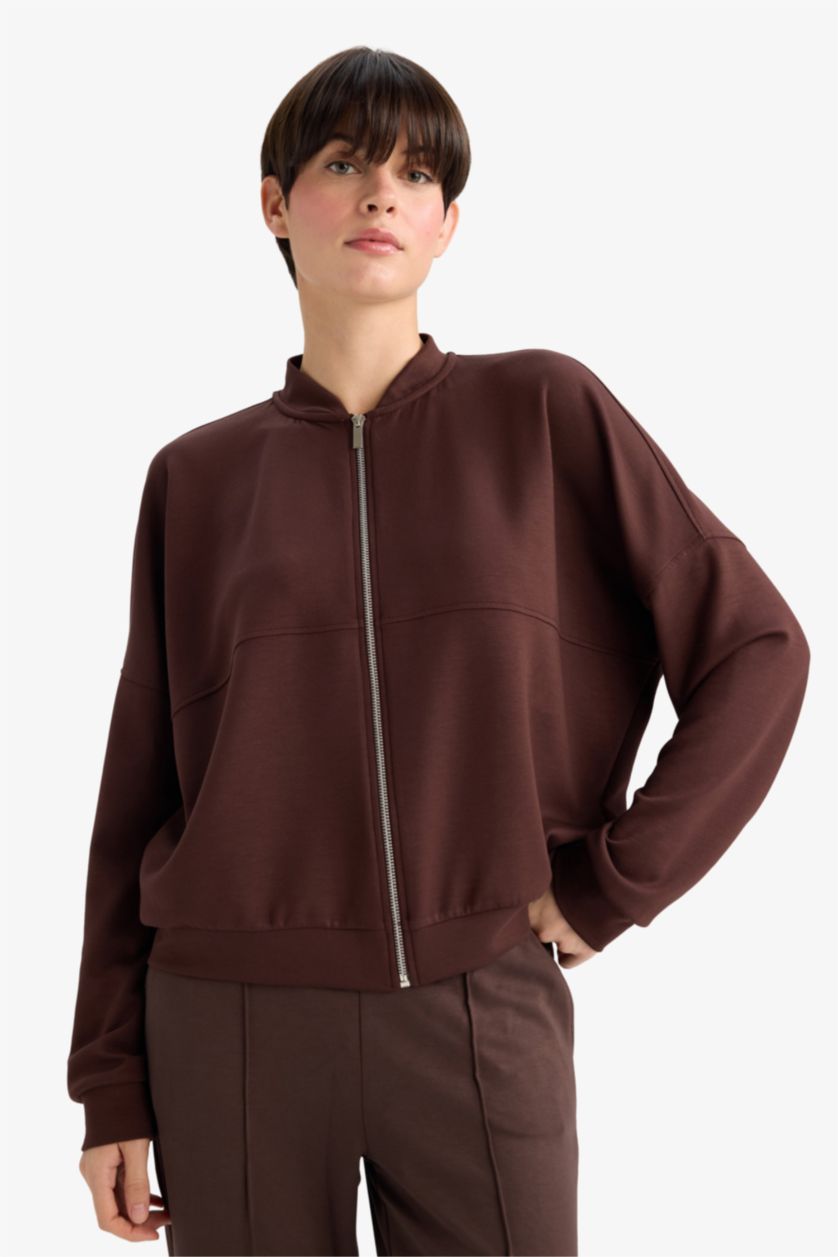 Kadın Kahve Kolej Yaka Basic Düz Fermuarlı Bomber Hırka