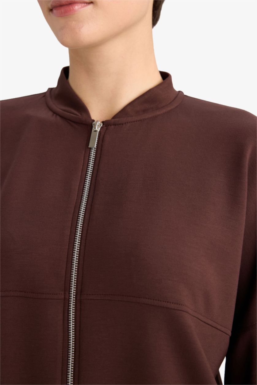 Kadın Kahve Kolej Yaka Basic Düz Fermuarlı Bomber Hırka