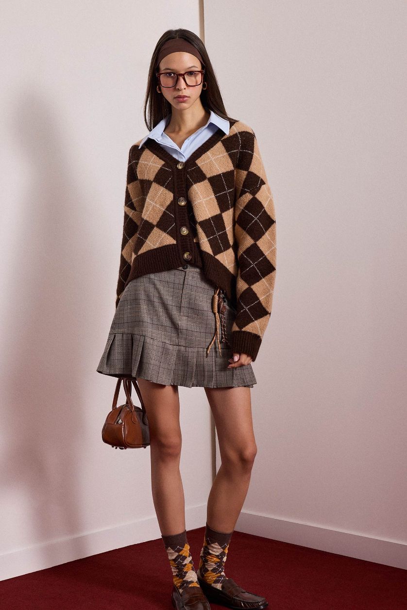 Woman Brown Pleat Plaid Normal Waist Mini Skirt