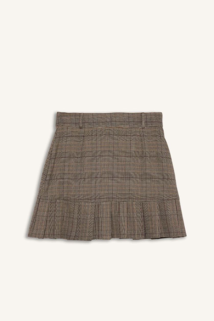 Woman Brown Pleat Plaid Normal Waist Mini Skirt