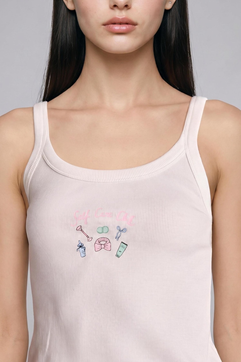 Women Light Pink Cotton U-Neck Embroidered Ribbed Tank Top