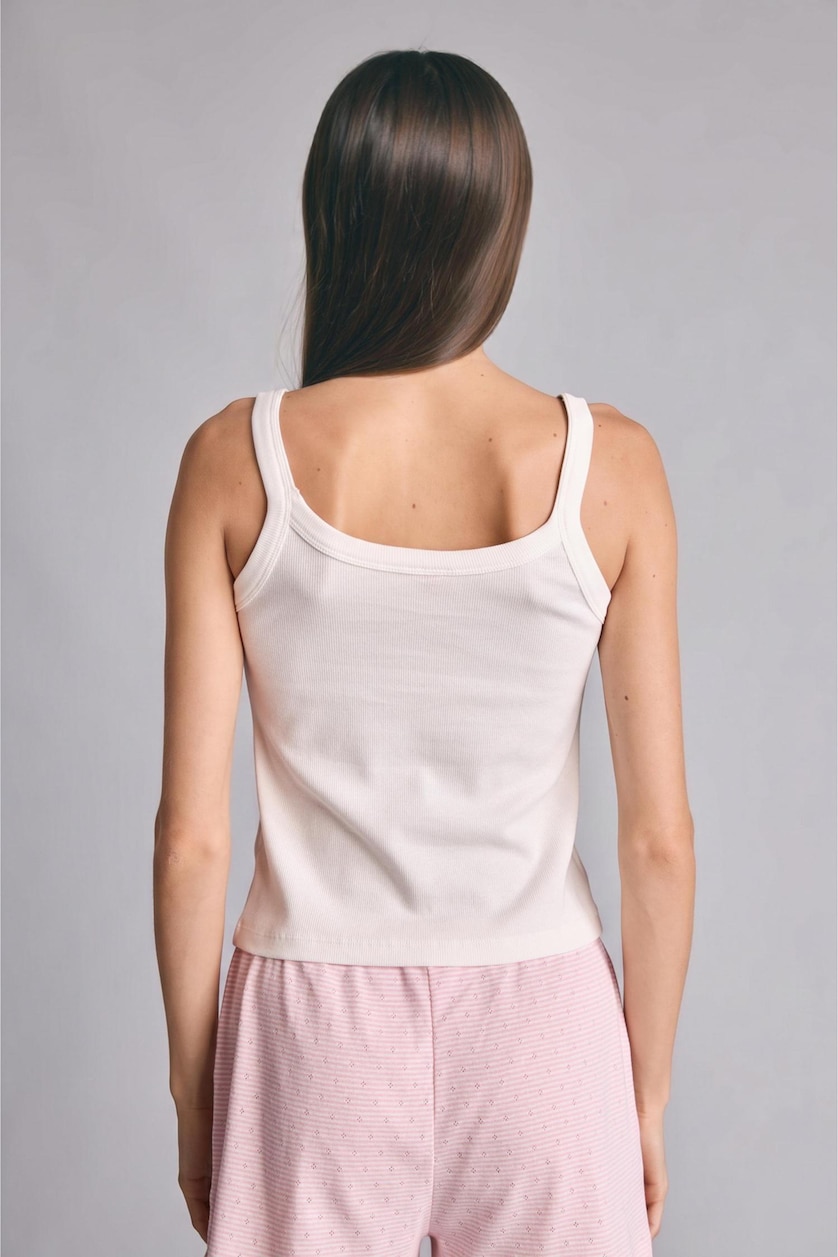 Women Light Pink Cotton U-Neck Embroidered Ribbed Tank Top