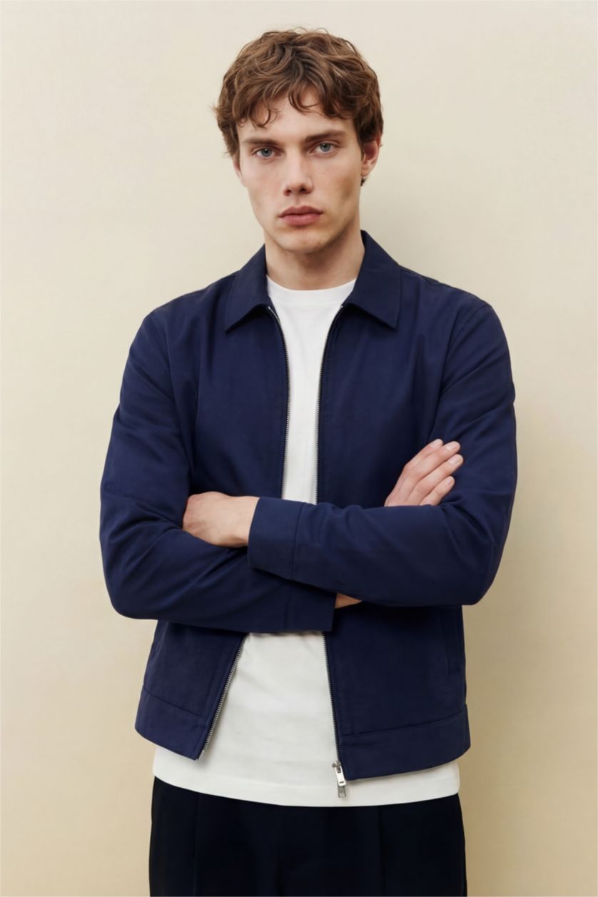 رجال كحلي جاكيت دودون قصة عادية بياقة قميص بنصف بطانة