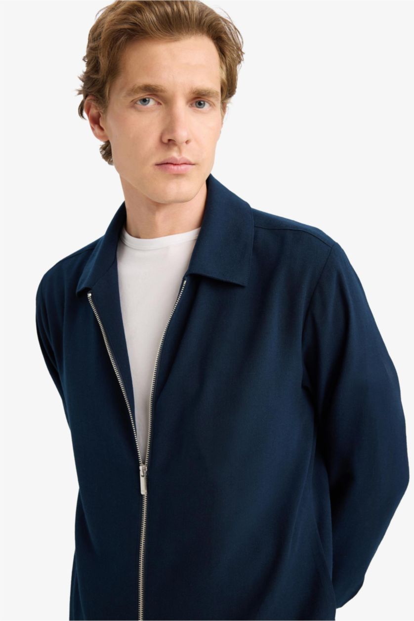 رجال كحلي جاكيت دودون قصة عادية بياقة قميص بنصف بطانة