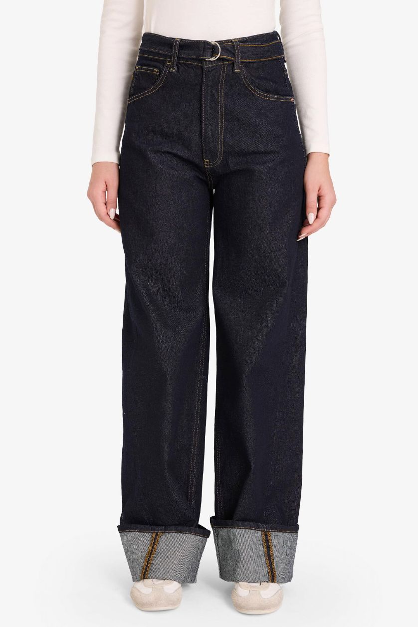 Kadın Mavi Siyah Straıght Wıde Yüksek Bel Uzun Jean Pantolon