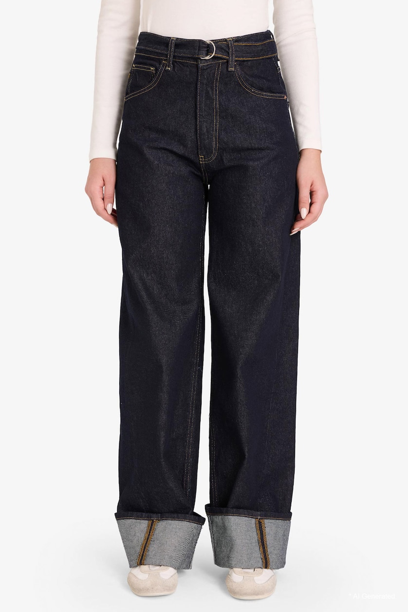 Kadın Mavi Siyah Straight Wide Yüksek Bel Jean