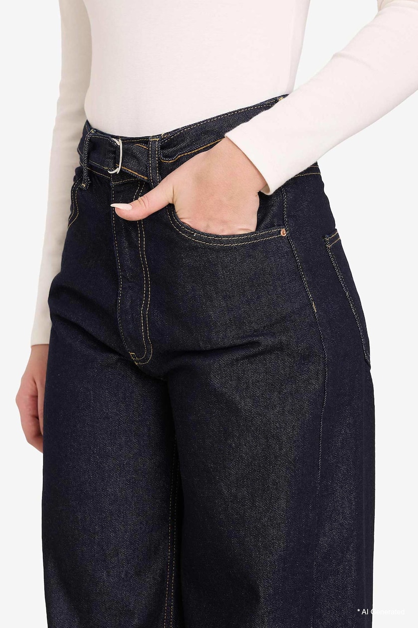 Kadın Mavi Siyah Straight Wide Yüksek Bel Jean