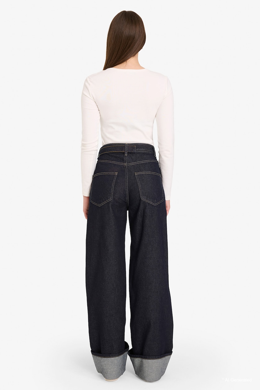 Kadın Mavi Siyah Straight Wide Yüksek Bel Jean