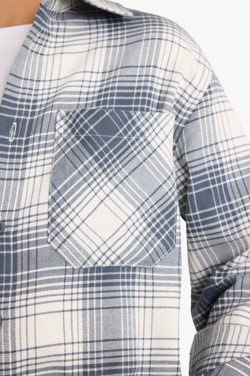 أولادي كحلي فاتح قميص كاروهات اولادي كم طويل فلانيل اوفر سايز بياقة بولو