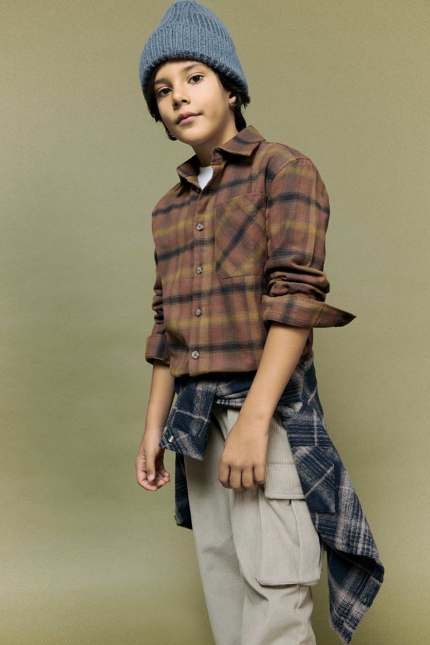Erkek Çocuk - Genç Erkek Açık Kahve Oversize Geniş Kalıp Polo Yaka Kareli Flanel Uzun Kollu Gömlek Erkek Çocuk