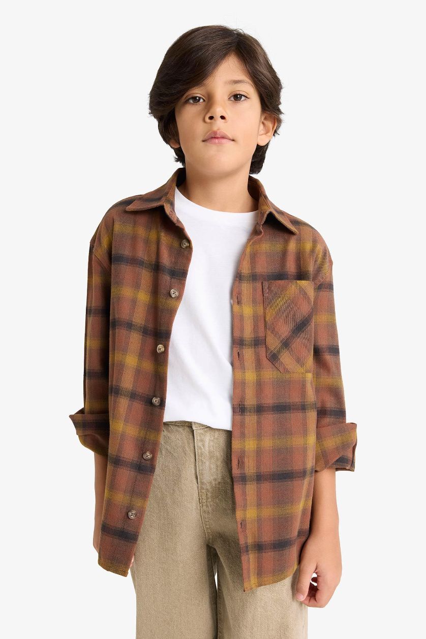 Erkek Çocuk - Genç Erkek Açık Kahve Oversize Geniş Kalıp Polo Yaka Kareli Flanel Uzun Kollu Gömlek Erkek Çocuk