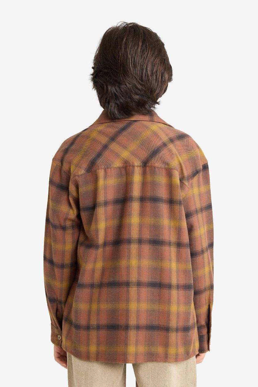 Erkek Çocuk - Genç Erkek Açık Kahve Oversize Geniş Kalıp Polo Yaka Kareli Flanel Uzun Kollu Gömlek Erkek Çocuk