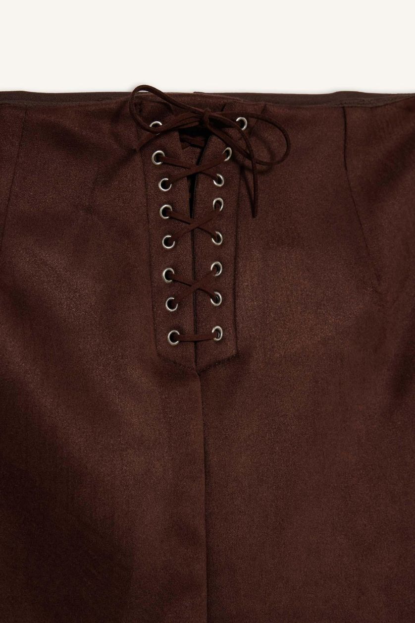 Kadın Kahve A Kesim Normal Bel Penye Astar Süet Mini Etek