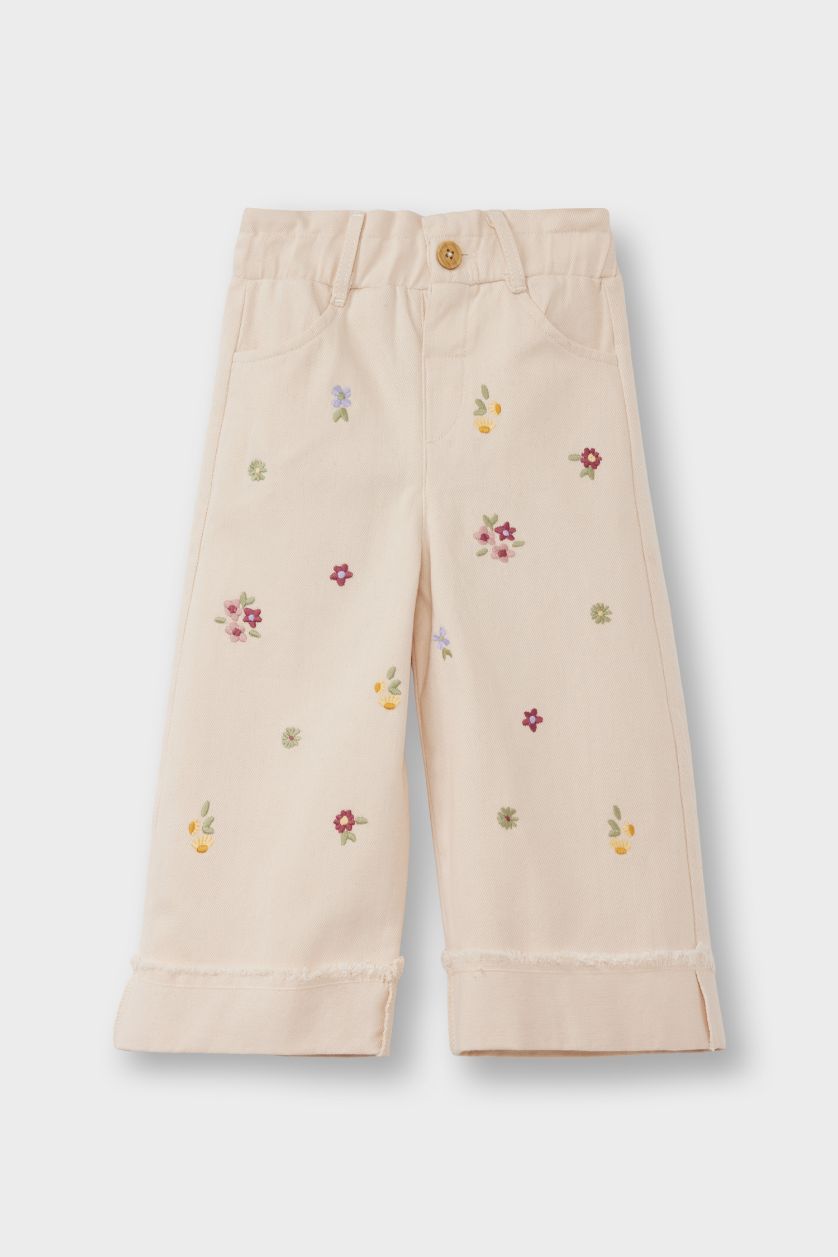 Kız Bebek Ekru Kız Bebek Standart Fit Beli Lastikli Çiçekli Gabardin Pantolon