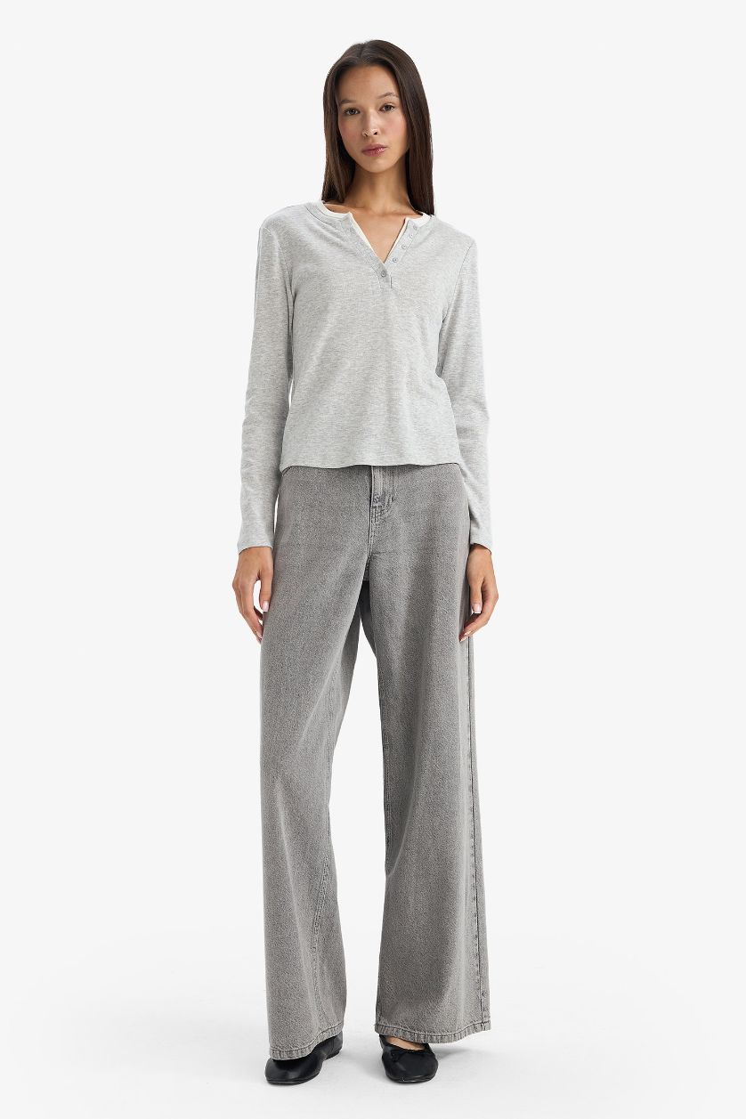 Kadın Gri Melanj Slım Fıt Düğmeli Yaka Ribana Uzun Kollu Tişört