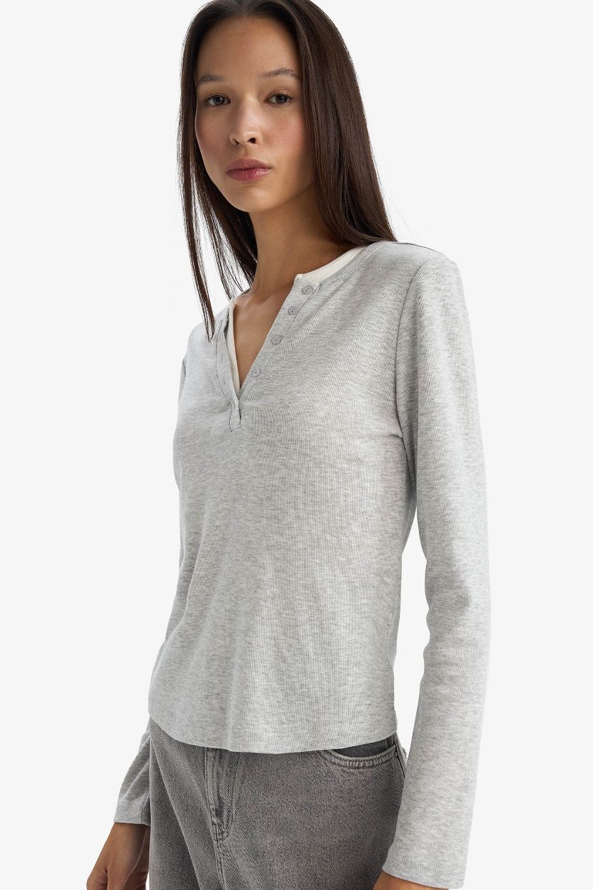 Kadın Gri Melanj Slım Fıt Düğmeli Yaka Ribana Uzun Kollu Tişört