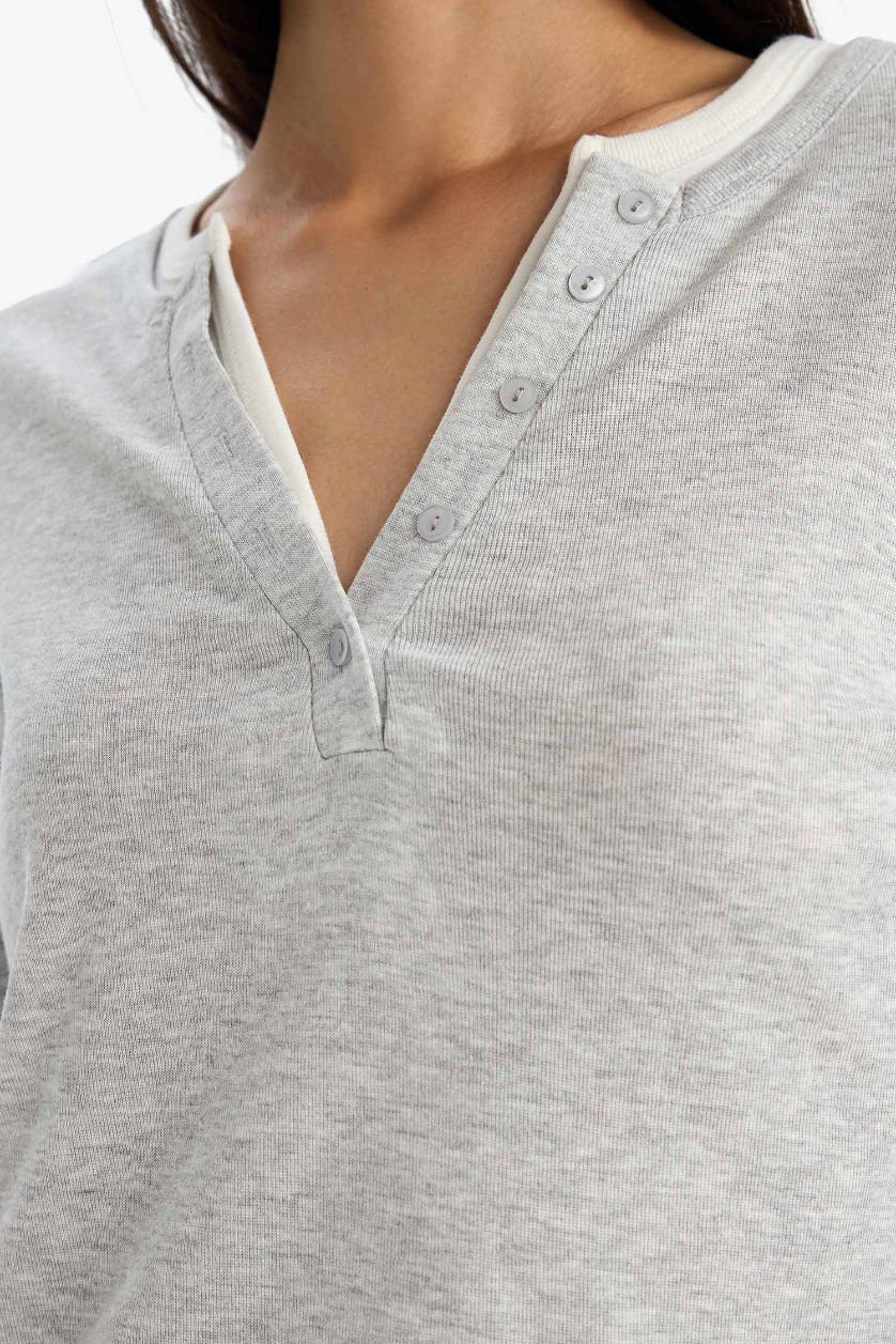 Kadın Gri Melanj Slım Fıt Düğmeli Yaka Ribana Uzun Kollu Tişört
