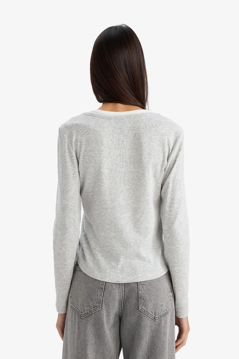 Kadın Gri Melanj Slım Fıt Düğmeli Yaka Ribana Uzun Kollu Tişört