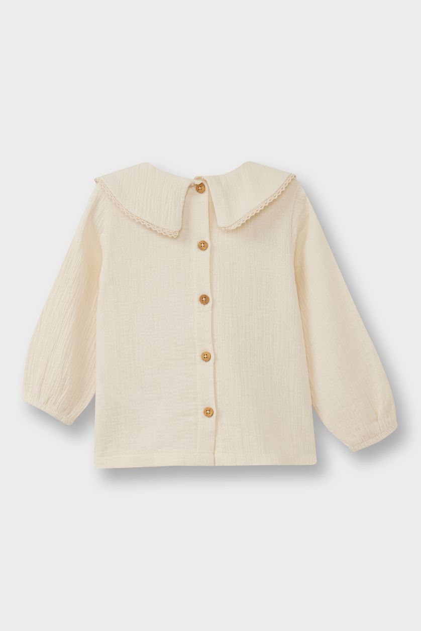 Kız Bebek Ekru Bebe Yaka Çiçekli Müslin Uzun Kollu Bluz Kız Bebek