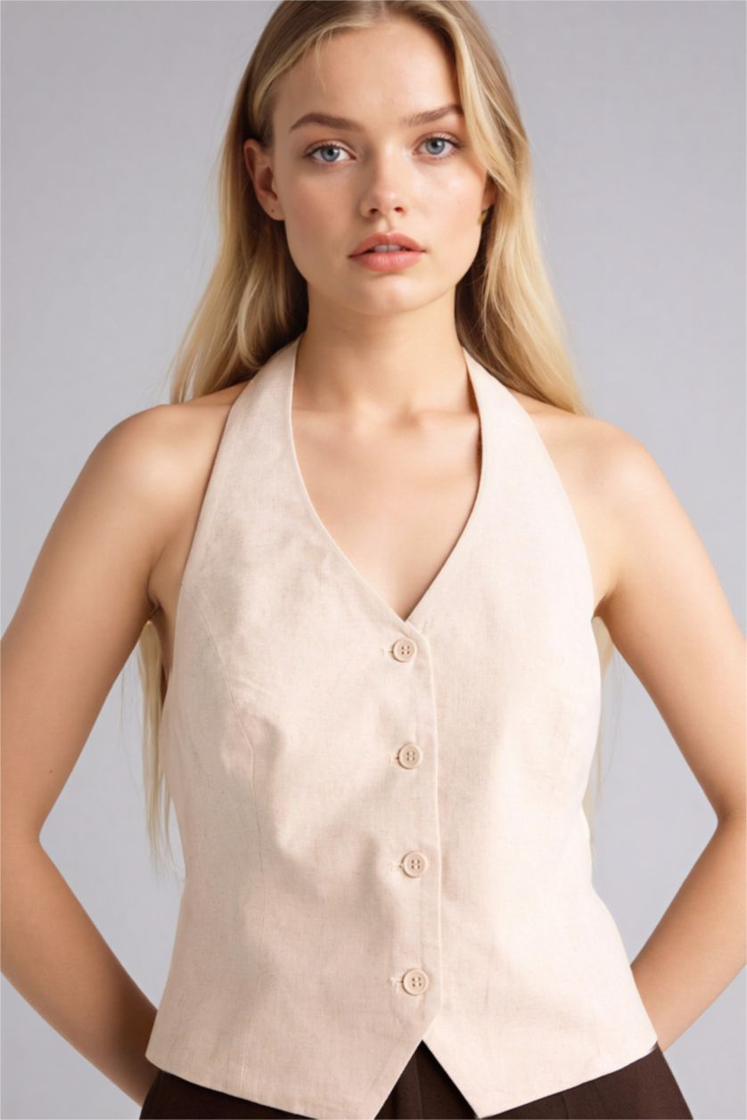 Женщины Бежевый Жилет из льна для женщин